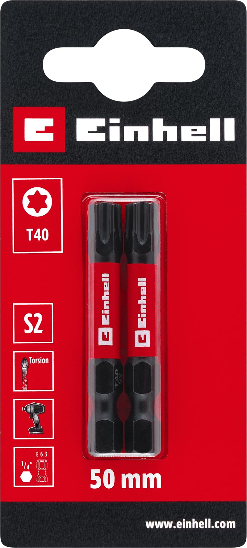 einhell-impact-bits-2er-set-50-mm-t40-s2-stahl-mit-torsionszone-e-6-3-schaft-rot image 2