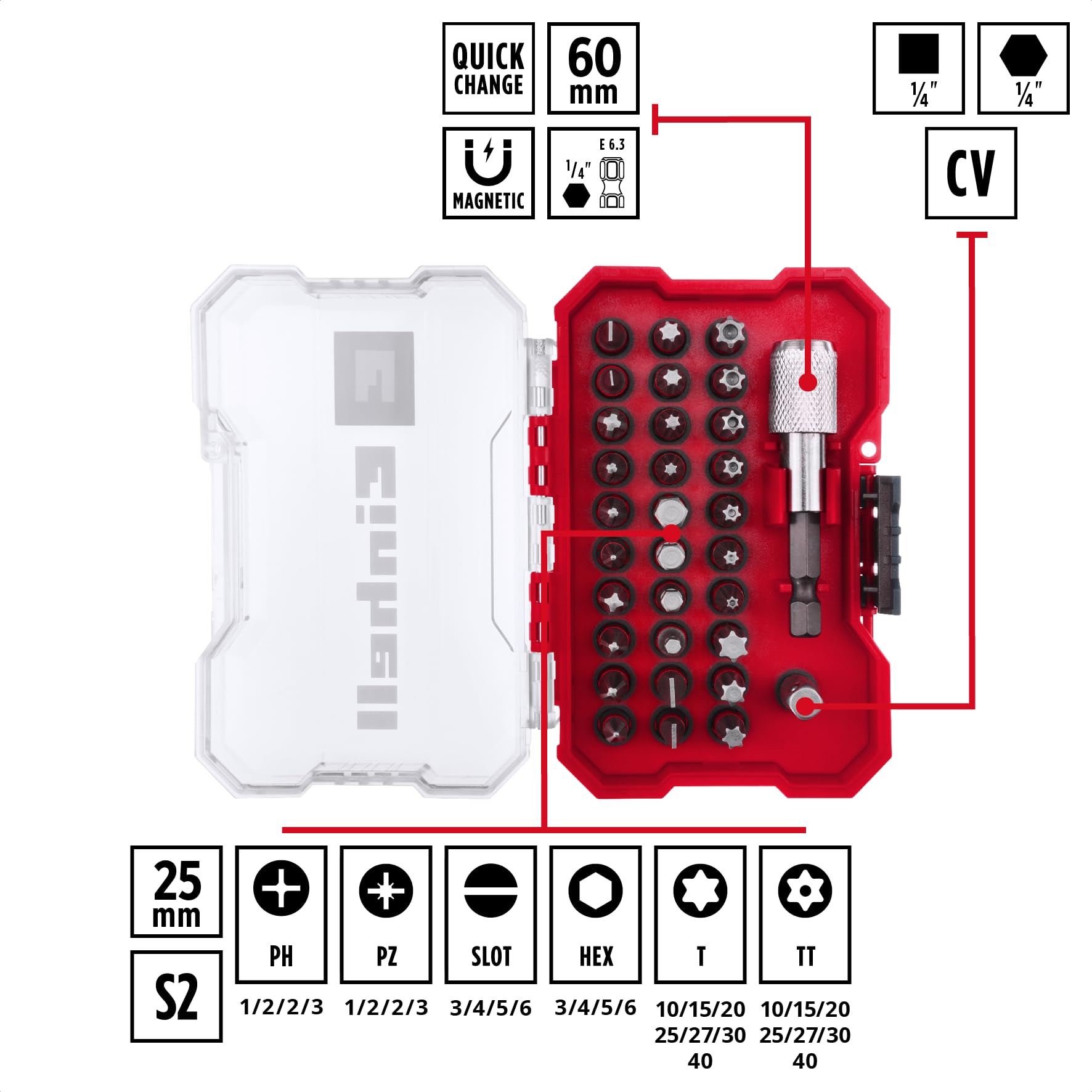original-einhell-xs-case-32-tlg-bit-set-25-mm-bits-60-mm-schnellwechselbithalter image 2