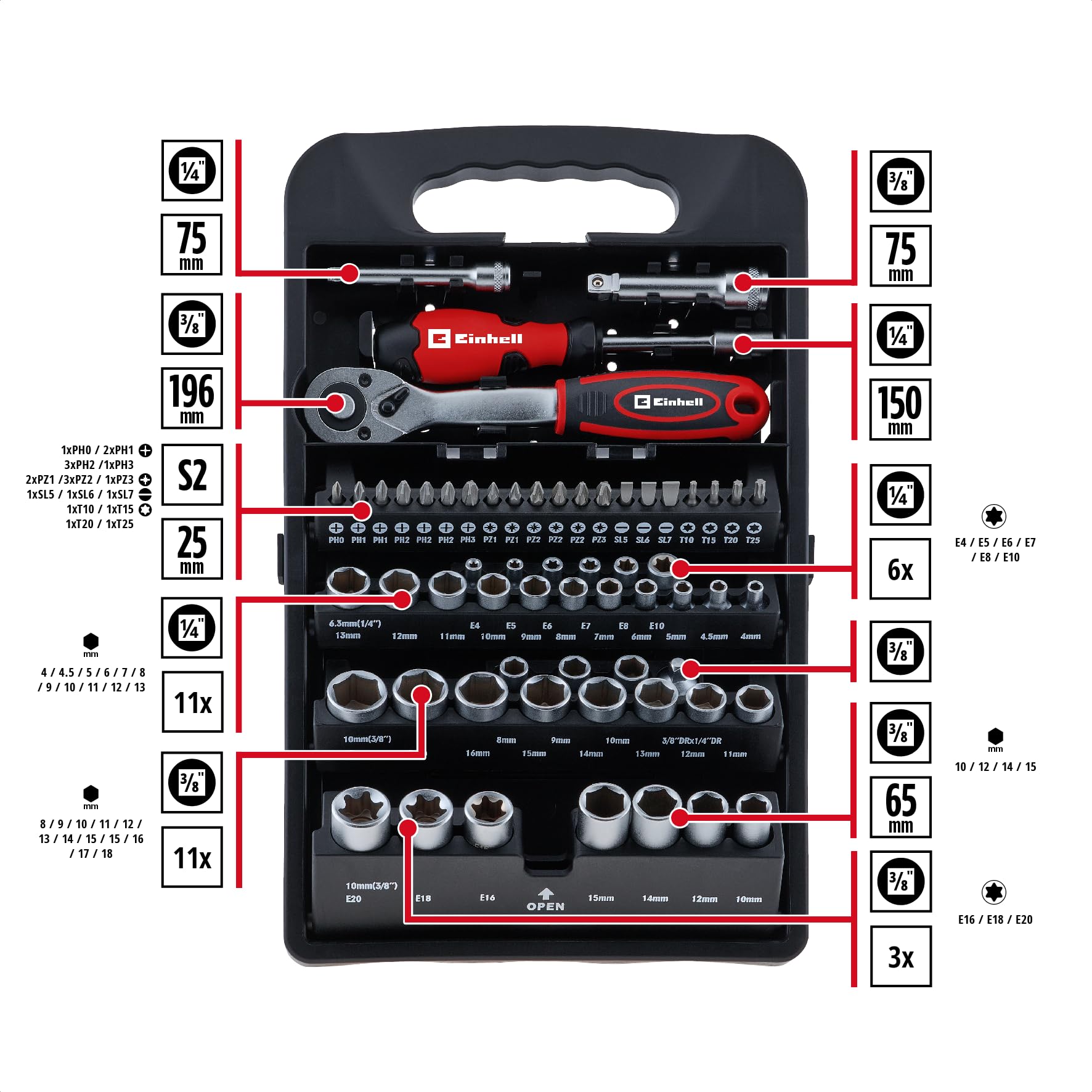 einhell-stecknuss-und-bit-set-61-tlg-mit-3-8-umschaltknarre-72-z-hne-und-werkzeu image 2