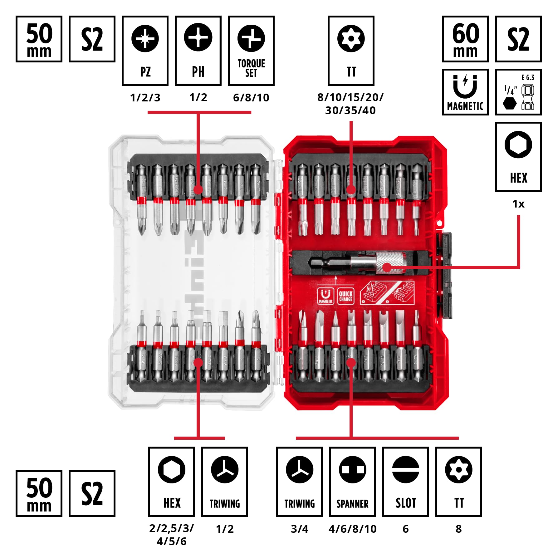 original-einhell-m-case-33-teiliges-bit-set-50-mm-bits-aus-s2-stahl-e-6-3-schaft image 2