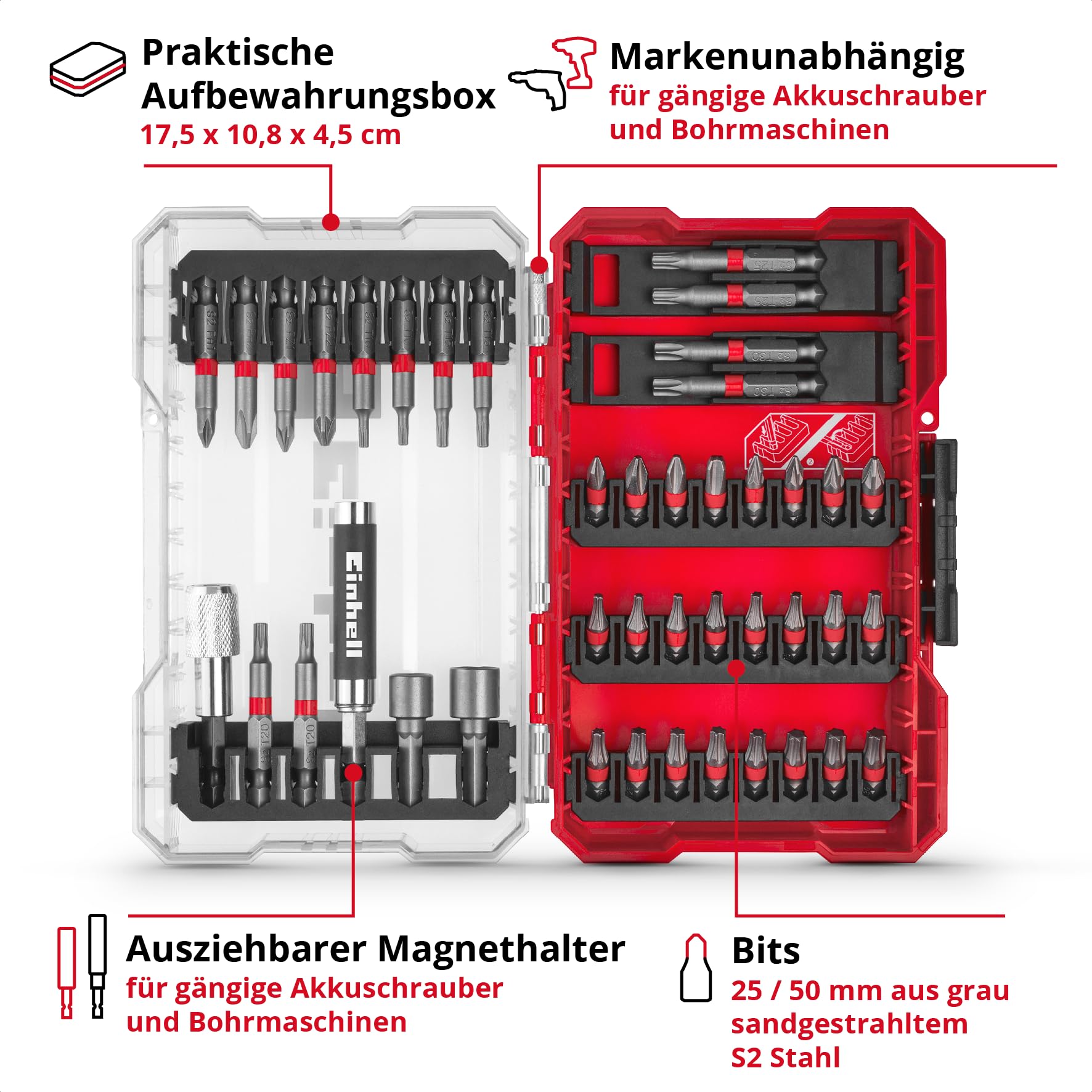 original-einhell-m-case-42-tlg-bit-set-s2-stahl-bits-25-50-mm-magnethalter-steck image 3